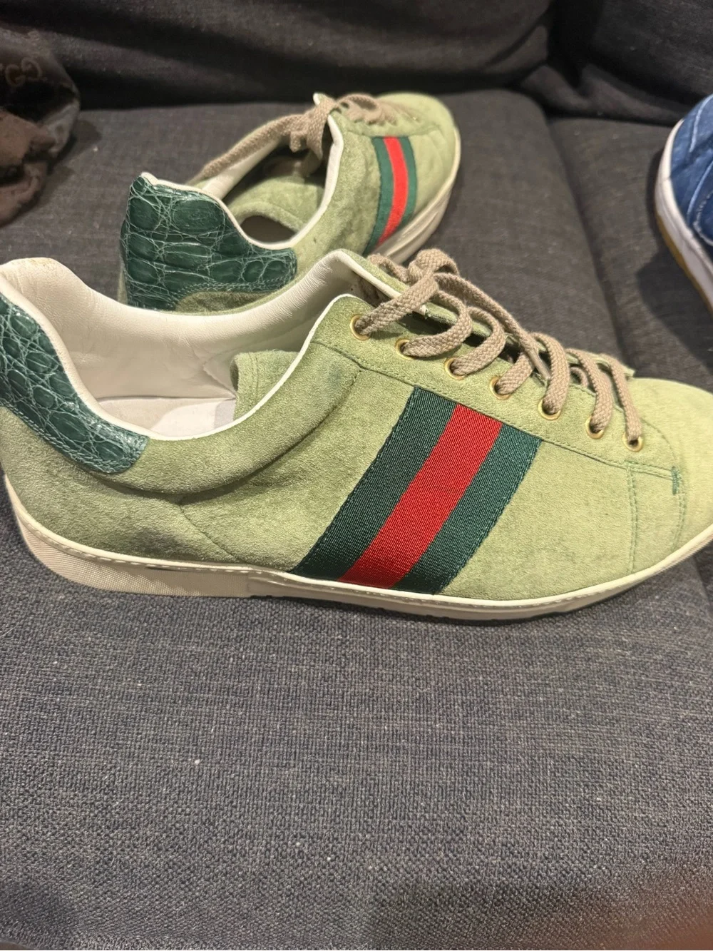 Gucci Green Suede Ace Sneakers with Red & Dark Green Stripe